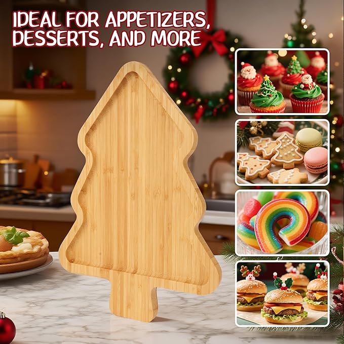 WILLKOMMEN Christmas Serving Tray, Bamboo Christmas Tree Serving Platter, Charcuterie Board Serving Dishes 11.8" x 8.7" for Party Cookie Fruit Tray Cheese Board Plate