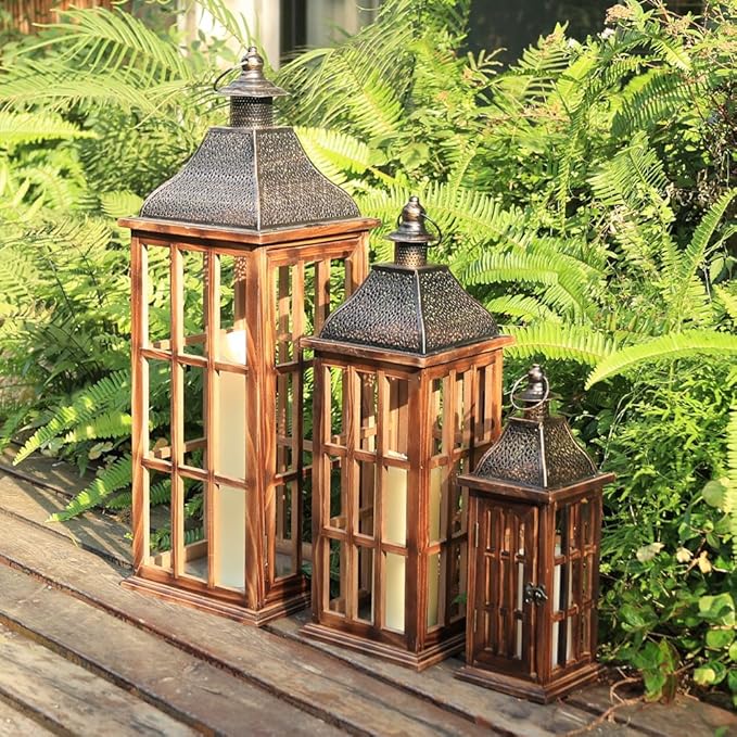 DECORKEY Large Farmhouse Wooden Metal Lantern Set of 3, 27''/22''/15'' H Rustic Decorative Indoor & Outdoor Hanging Candle Lanterns, Wooden Outdoor Lanterns for Patio Front Porch Table, Brown