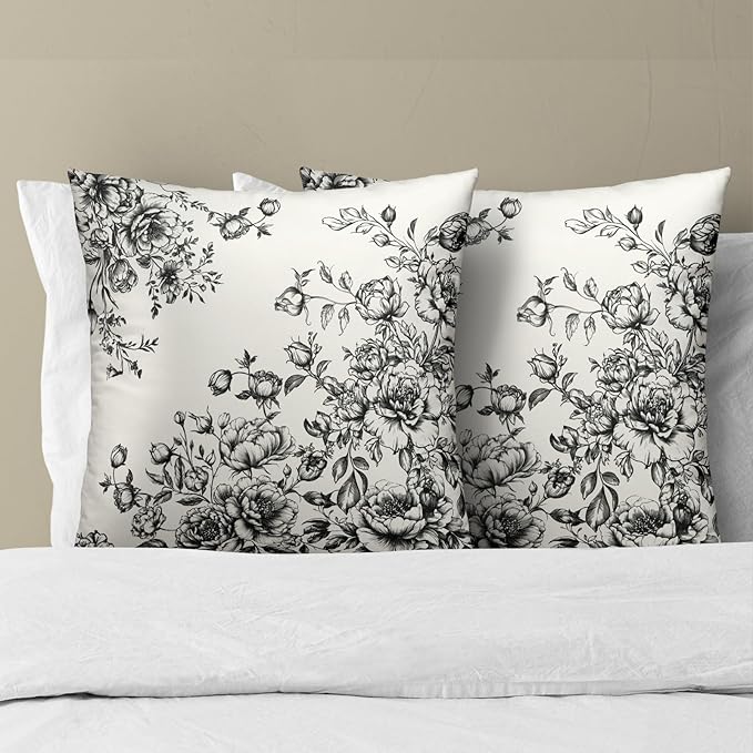 Vintage Black Flowers Pillow Covers 20x20 Inch, Set of 2 Vintage Victorian Bouquet Floral Decorative Throw Pillowcases Square Cushion Cover for Couch Sofa Bed Porch Home Decor
