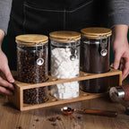 Glass Coffee Storage Container with Bamboo Shelf, 3PCS 49oz Airtight Sealed Coffee Bean Jar with Clamp Lid & Measuring Spoon, Kitchen Pantry Canister Set for Ground Coffee Sugar Tea Flour