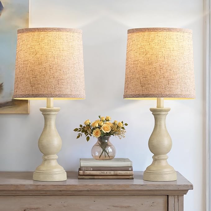 Seealle Farmhouse Table Lamps Set of 2 - Rustic Lamp for Bedroom Living Room, 22" Boho Bedside Lamps for Night Stands End Table Office Desk Lamp Nightstand Clearance with Linen Shades(Antique White)