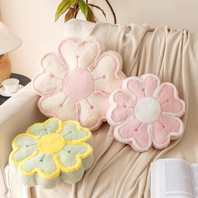 Flower Shaped Decorative Throw Pillow Cushion for Bed Couch, Cute Flower Plush Throw Pillows Home Decor Floor Pillow Seating Cushions (Ivory White, 17.7 Inches)