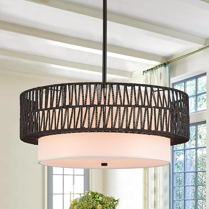 19" Rattan Chandelier with Linen Vintage Farmhouse Boho Hand Woven Bamboo Chandelier Light Fixture Modern Drum Wicker Rattan Black Chandeliers for Dining Room, Entryway, Bedroom, Foyer