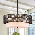 19" Rattan Chandelier with Linen Vintage Farmhouse Boho Hand Woven Bamboo Chandelier Light Fixture Modern Drum Wicker Rattan Black Chandeliers for Dining Room, Entryway, Bedroom, Foyer