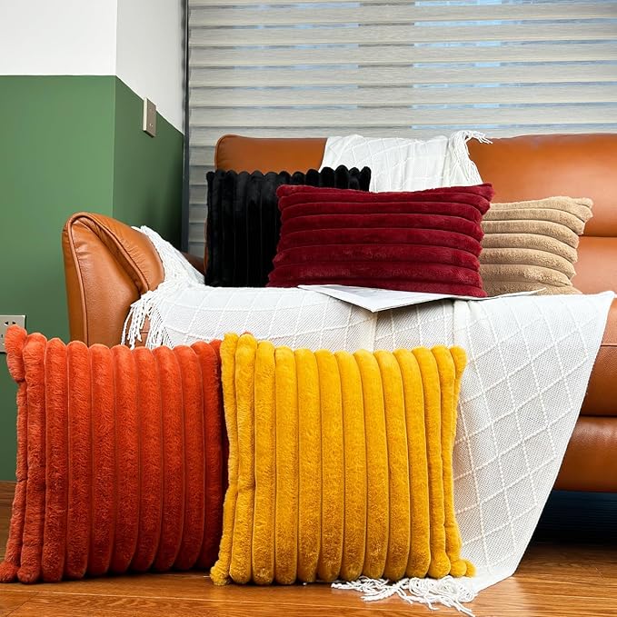 24x24 Pillow Covers, Decorative Faux Fur Throw Pillow Covers for Couch, Sofa Soft Fluffy Pillow Cover with Velvet Back for Living Room, Neutral Home Décor Accent for Bed - Burnt Orange