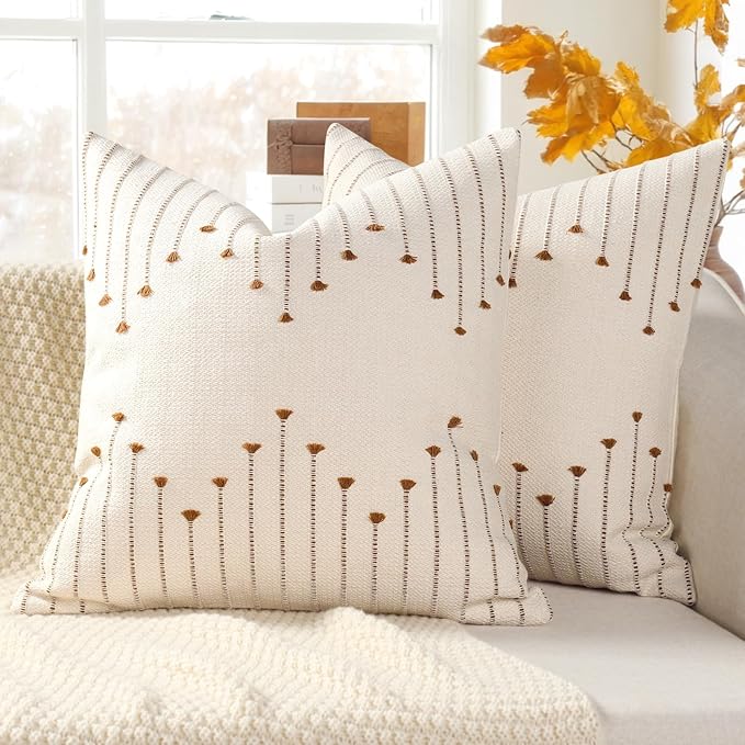 YCOLL Boho Throw Pillow Covers 18x18 Set of 2 Neutral Woven Decorative Pillowcases Cotton Tufted Couch Pillows Modern Farmhouse Accent Cushion Covers for Sofa Couch Bed Living Room Home Decor, Brown