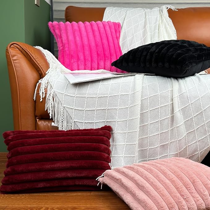 24x24 Pillow Covers, Decorative Faux Fur Throw Pillow Covers for Couch, Sofa Soft Fluffy Pillow Cover with Velvet Back for Living Room, Neutral Home Décor Accent for Bed - Pink
