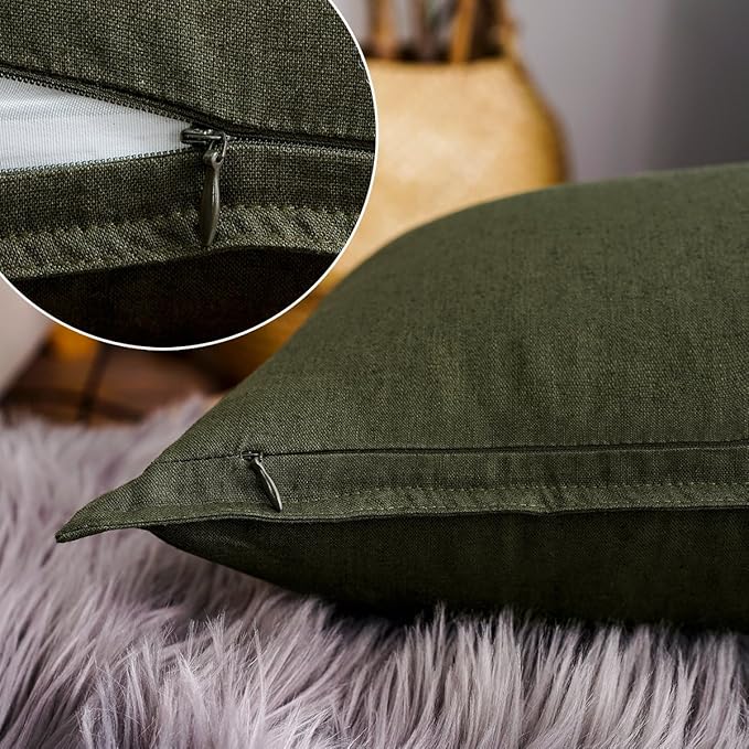 Jeanerlor Pack of 2 24 x 24 Inch Cotton Linen Soft Soild Decorative Square Throw Pillow Covers Green Cushion Case Set for Bedroom/Sofa/Car 60 x 60cm,Olive Green