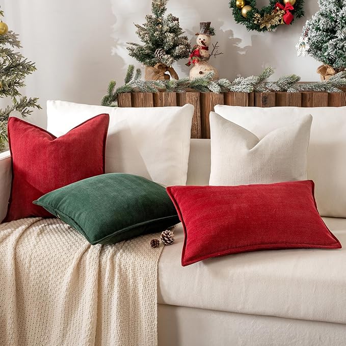 MIULEE Pack of 2 Christmas Green Decorative Lumbar Pillow Covers 12x20 Inch Soft Chenille Luxurious Couch Throw Pillows Farmhouse Cushion Covers with Elegant Design for Sofa Bedroom Living Room Decor