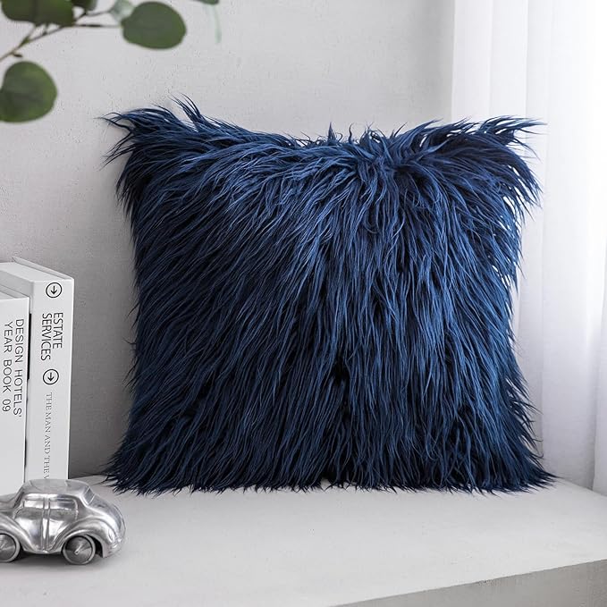 Phantoscope Faux Fur Solid Decorative Pillow Cover Fluffy Throw Pillow Mongolian Luxury Fuzzy Pillow Case Cushion Cover for Bedroom and Couch, Navy Blue 26 x 26 Inches, Pack of 1