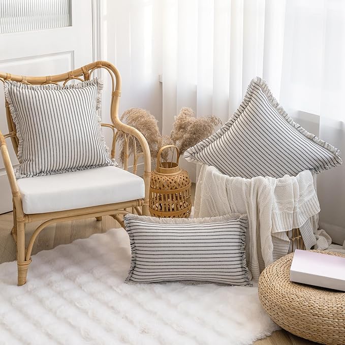 Throw Pillow Covers 24x24 Set of 2 Striped Fringe Pillow Cover Farmhouse Cushion Covers with Tassel Neutral Boho Pillows Decorative Square Pillowcase for Couch Sofa Bed, Black