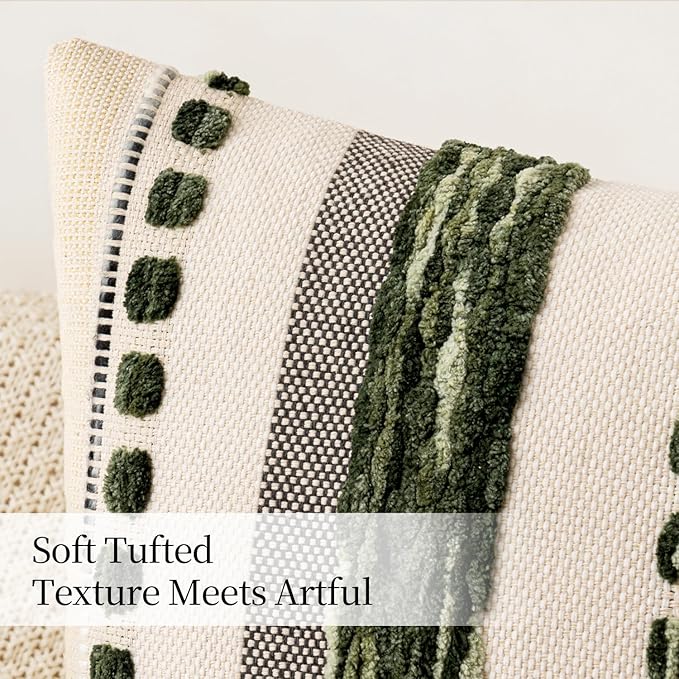 ANRODUO Pack of 2 Boho Decorative Throw Pillow Covers 18x18 Farmhouse Cushion Case Striped Chenille Pillow Cases Square Pillow Covers Accent Neutral Pillowcase for Sofa Couch Bed, Dark Green Stripe