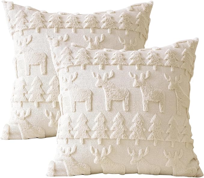 OTOSTAR Set of 2 Xmas Soft Plush Short Wool Velvet Decorative Throw Pillow Covers Square Luxury Style Cushion Case Pillow Shell for Sofa Bedroom Christmas Tree and Elk Cream Beige, 14x14 Inch