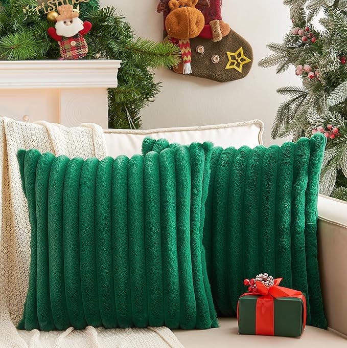 Pack of 2 Christmas Green Pillow Covers 16x16 Inch Decorative Faux Fur Emerald Throw Pillow Cover, Soft Lumbar Plush Pillowcases for Couch Sofa Bed Living Room, Fluffy Cute Home Boho Decor