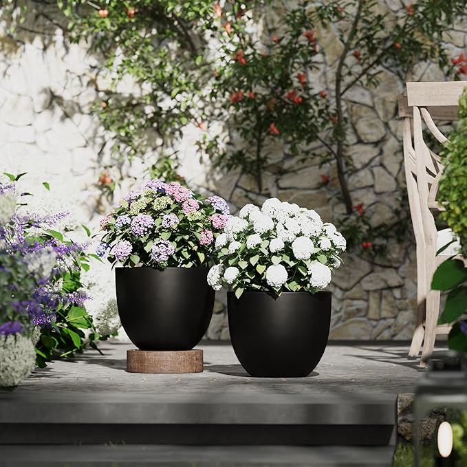 DTY Signature Mount Belford Lightweight and Durable Modern Fiberstone Egg Shaped Planter for Indoor Outdoor Drainage Hole & Rubber Plug Weather Resistant, 10" H x 12" Dia, 10" Opening - Small, Black