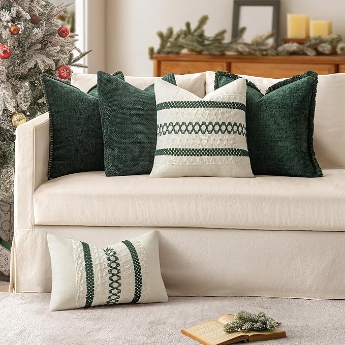 MIULEE Set of 2 Dark Green Boho Christmas Decorative Pillow Covers 18x18 Inch Farmhouse Rustic Couch Throw Pillows Modern Spring Cotton Cushion Cover Retro Macrame Woven Home Decor for Bed Sofa Chair