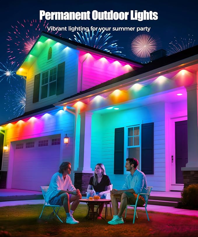 POOFZY Permanent Outdoor Lights for House,150ft RGB+IC Smart Outdoor Decor, 50 Scene Modes,App/Remote Control,IP67 Waterproof,for Christmas,Halloween,Daily & Holiday Party Decor,House Roof Lighting