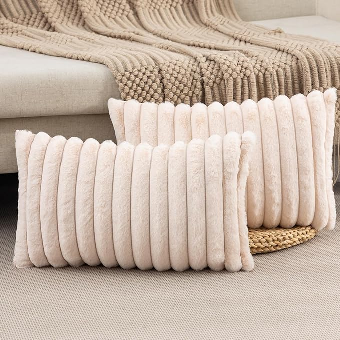 ZLINA Set of 2 Beige Faux Fur Decorative Throw Pillow Covers Fluffy Striped Pillowcase Cushion Covers 12 x 20 Inch Decor Sofa Couch Bedroom