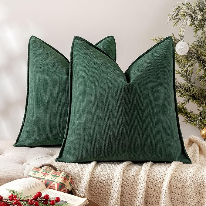 MIULEE Pack of 2 Christmas Green Decorative Pillow Covers 24x24 Inch Soft Chenille Luxurious Couch Throw Pillows Farmhouse Cushion Covers Euro Shams with Elegant Design for Sofa Bedroom Home Decor