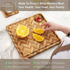 Teak Cutting Board for Kitchen (Small) – Herringbone Butcher Block with Juice Groove & Corner Well, Charcuterie Board, Food-Safe, Gift-Ready, 11.8 x 11.8 x 1 in