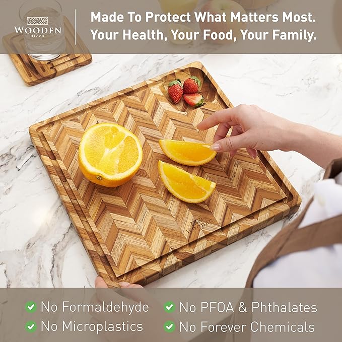 Teak Cutting Board for Kitchen (Small) – Herringbone Butcher Block with Juice Groove & Corner Well, Charcuterie Board, Food-Safe, Gift-Ready, 11.8 x 11.8 x 1 in