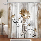 Rustic Farmhouse Shower Curtain, Farm Tan Cream Daisy Floral Flowers and Butterfly on Country Wooden Shower Curtain for Bathroom, Beige Brown Shower Curtain with 12PCS Hooks, 60X70IN