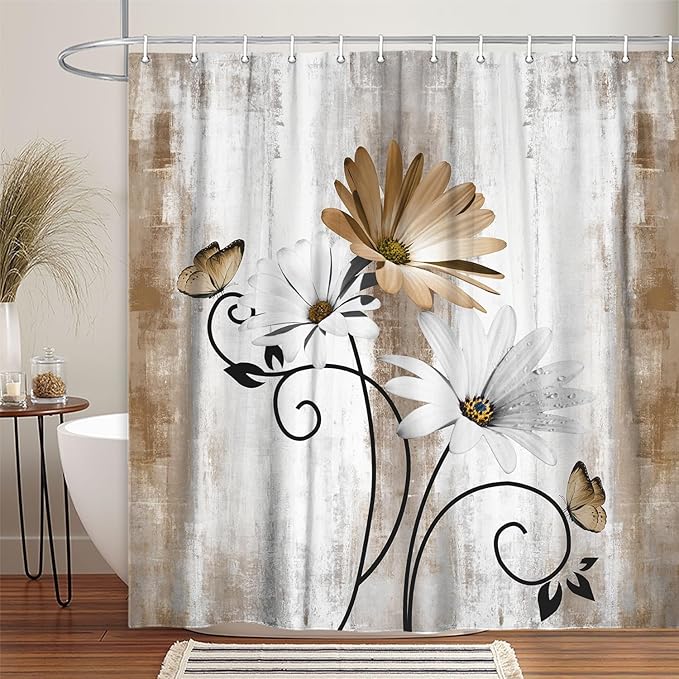 Rustic Farmhouse Shower Curtain, Farm Tan Cream Daisy Floral Flowers and Butterfly on Country Wooden Shower Curtain for Bathroom, Beige Brown Shower Curtain with 12PCS Hooks, 60X70IN