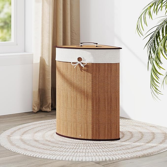 Giantex Corner Laundry Hamper with Lid, 58 L Bamboo Laundry Basket with Removable Liner & Handle, Triangle Clothes Hamper for Small Spaces, Bedroom, Bathroom, Laundry & Living Room (Bamboo)
