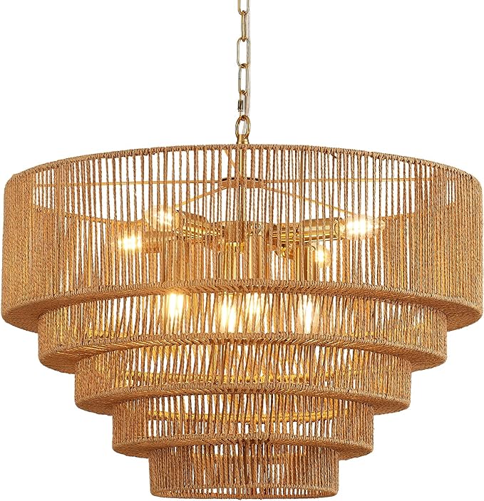 25.6" Large Rattan Chandelier Vintage 8-Lights Farmhouse Boho Hand-Woven Bamboo Chandelier Light Fixture Retro Drum Wicker Golden Chandeliers for Dining Room, Kitchen, Bedroom, E12