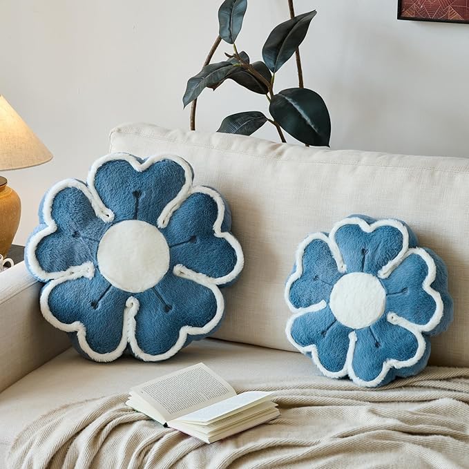 Flower Shaped Decorative Throw Pillow Cushion for Bed Couch, Cute Flower Plush Throw Pillows Home Decor Floor Pillow Seating Cushions (Grey Blue, 13.7 Inches)