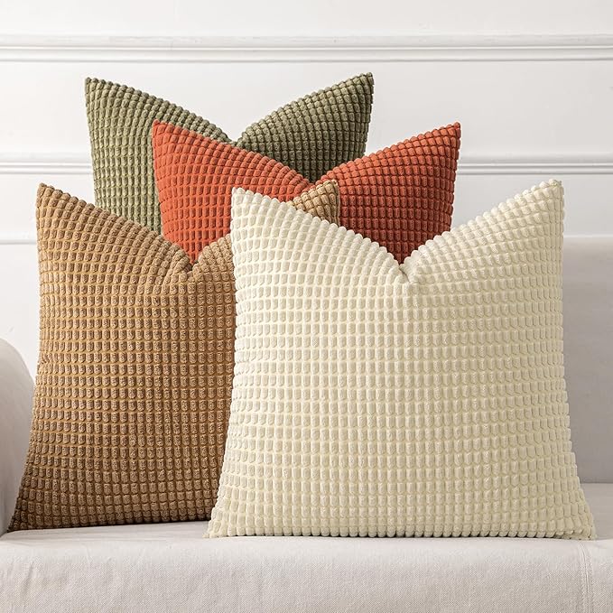 MIULEE Modern Farmhouse Decorative Pillow Covers 16x16 Inch Set of 4 Natural Rustic Throw Pillows Neutral Warm Soft Corduroy Couch Pillowcases Home Decor for Sofa Living Room Bed Brown Green