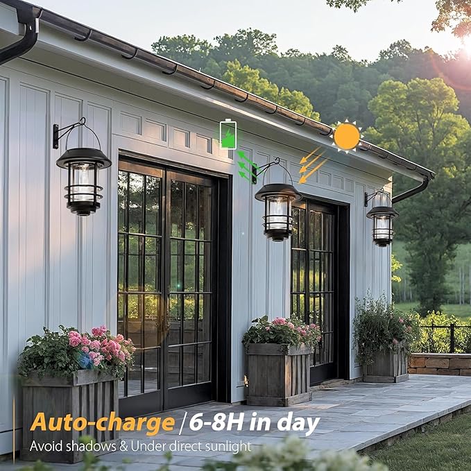 Otdair Solar Lanterns Outdoor Waterproof 2 Pack, Auto On/Off Hanging Solar Lights for Outside with Wall Mount, Glass Outdoor Lighting Outdoor Decorative for Wall, Front Porch, Yard, Garden, Fence