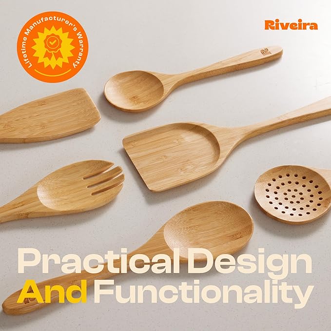 Riveira Brown Bamboo Wooden Cooking Utensils Set of 6 Natural Bamboo Wooden Spoons, Spatula, Non-Toxic, Heat-Resistant, Eco-Friendly