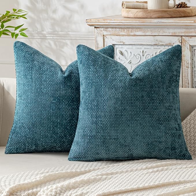 MIULEE Pack of 2 Couch Throw Pillow Covers 18x18 Inch Coastal Teal Modern Boho Accent Decorative Pillow Covers Soft Chenille Farmhouse Cushion Covers for Home Decor Bed Sofa Living Room