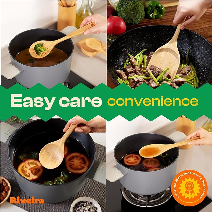 Riveira Brown Bamboo Wooden Cooking Utensils Set of 6 Natural Bamboo Wooden Spoons, Spatula, Non-Toxic, Heat-Resistant, Eco-Friendly