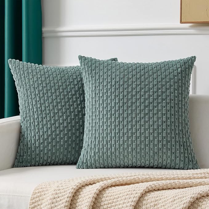 Kevin Textile Decorative Pillow Covers Set of 2 Striped Plush Corduroy Pillows Pillowcases Boho Home Decor Cushion Covers for Couch Sofa Bed Living Room 22x22 Inch, Teal Green