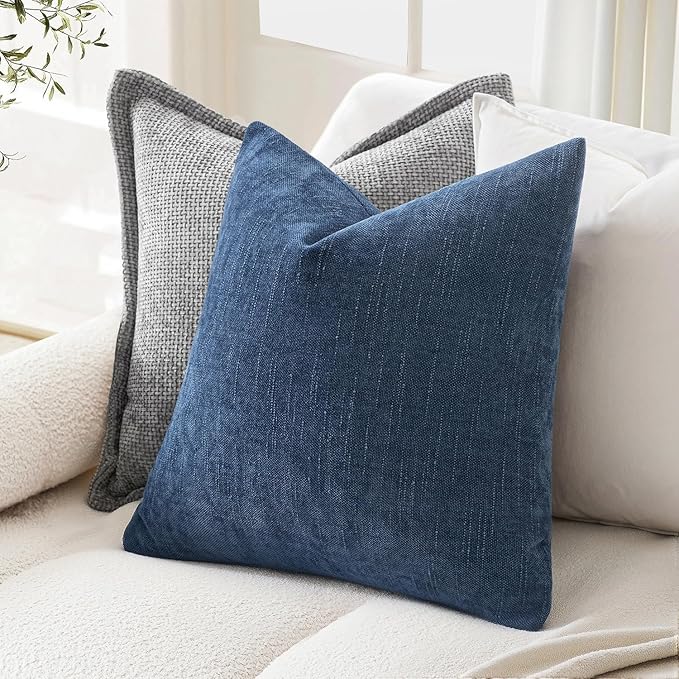 MIULEE Pack of 2 Decorative Throw Pillow Covers Soft Chenille Throw Pillows Solid Textured Cushion Covers for Couch Sofa Bedroom Living Room 20x20 Inch, Navy Blue