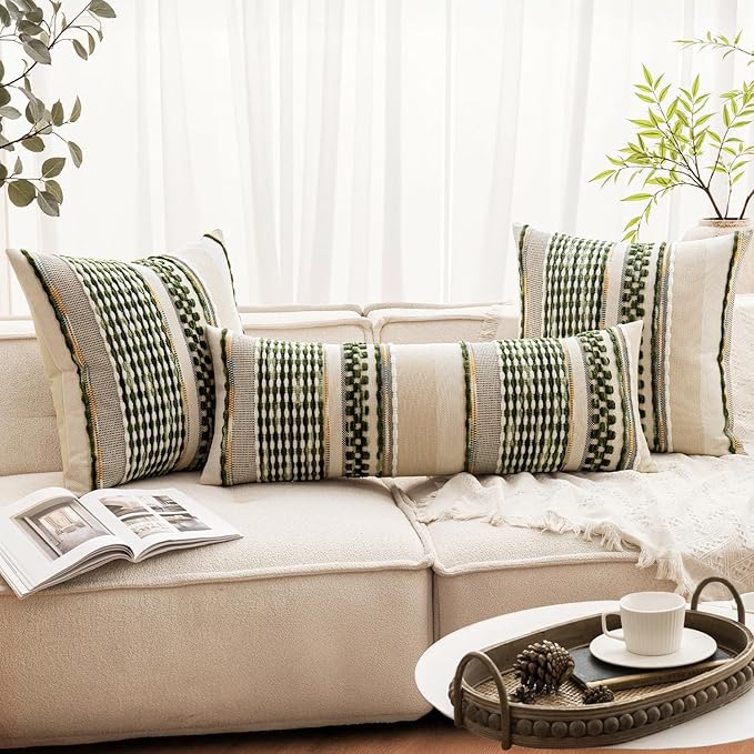 ANRODUO Pack of 1 Boho Decorative Throw Pillow Covers 14x36 Farmhouse Cushion Case Long Chenille Pillow Cases Lumbar Pillow Covers Accent Neutral Pillowcase for Sofa Couch Bed, Olive Green Stripe