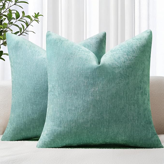 decorUhome Chenille Aqua Haze Throw Pillow Covers 26x26 Inch Set of 2, Decorative Soft Couch Pillow Covers Solid Dyed Accent Velvet Farmhouse Neutral Square Pillow Cases for Sofa Bed Living Room