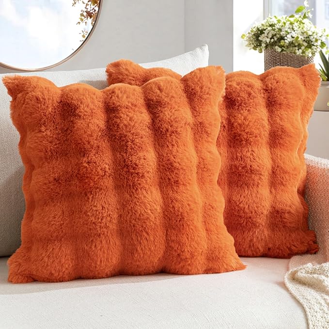 MIULEE Pack of 2 Decorative Pillow Covers Fall Thick Soft Plush Faux Fur Throw Pillows Luxury Home Decor for Couch Bedroom Living Room Sofa,20x20 Inch Burnt Orange