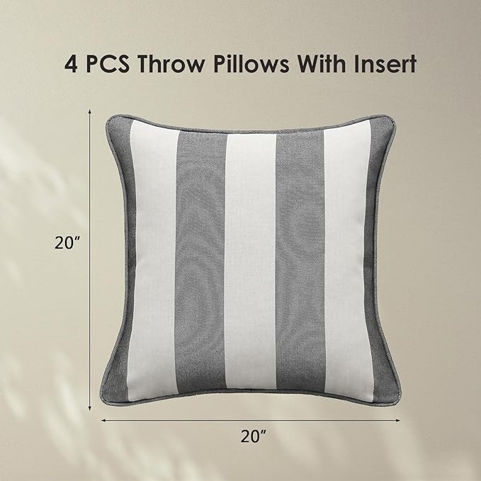 Decorative Outdoor Water Repellent Throw Pillows with Inserts, Set of 4, 20" x20" Pillows for Patio, Backyard, Bed, Couch, and Patio Furniture, Gray Stripe