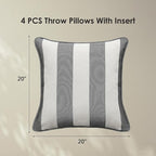 Decorative Outdoor Water Repellent Throw Pillows with Inserts, Set of 4, 20" x20" Pillows for Patio, Backyard, Bed, Couch, and Patio Furniture, Gray Stripe