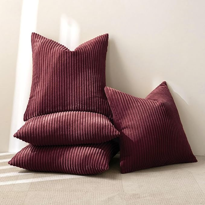 MIULEE Boho Farmhouse Throw Pillow Covers 16x16 Inch Set of 4 Mordern Nordic Cushion Covers Soft Corduroy Christmas Home Decor for Couch Bed Sofa Living Room Burgundy