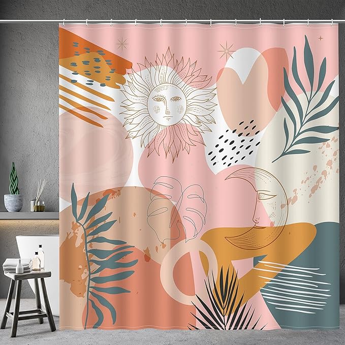 Aimego Boho Shower Curtain Modern Abstract Minimalist Sun Moon Plant Leaves Bohemian Shower Curtain Set with 12 Hooks for Bathroom Decor, 72"x72"