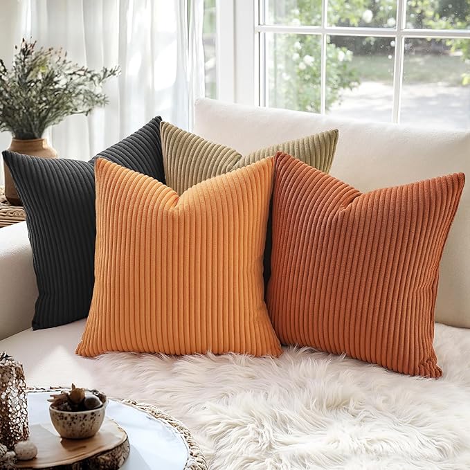 MIULEE Pack of 2 Burnt Orange Pillow Covers 18x18 Inch Soft Boho Striped Corduroy Throw Pillow Covers Set Decorative Square Cushion Cases Pillowcases for Sofa Bedroom Couch