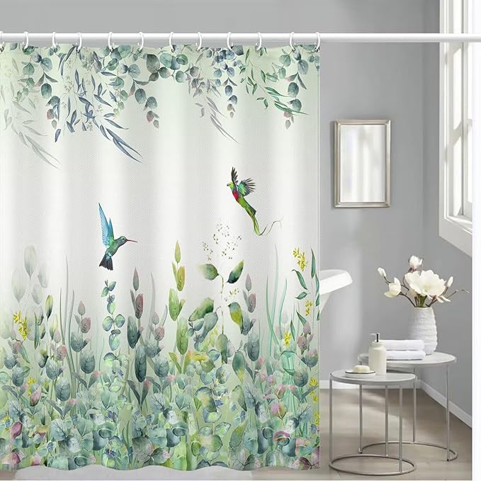 Green Leaf Shower Curtain, Emerald Bird Mint Green 72 “W x 72” L with 12 Hooks, Weighted Hem Bathroom Shower Curtain, Hummingbird Shower Curtains Water Resistant
