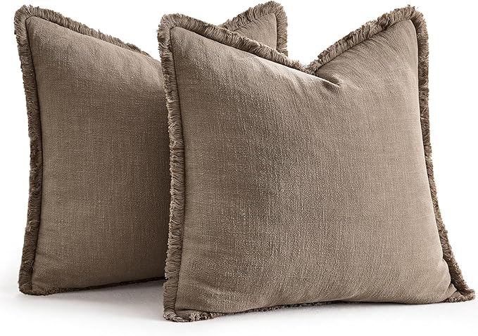 EMEMA Linen Fringe Throw Pillow Covers Set of 2 Boho Farmhouse Accent Decorative Pillowcase with Tassels for Couch Sofa Bed Living Room Home Decor 18x18 Inch,Coco Brown