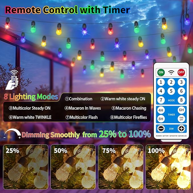 Solar String Lights Outdoor Waterproof - Upgrade 59Ft Pear-Style Multi Color Large Globe String Lights Solar Powered with Remote, Color Changing Solar Patio Lights for Outside Camping Tent Decor