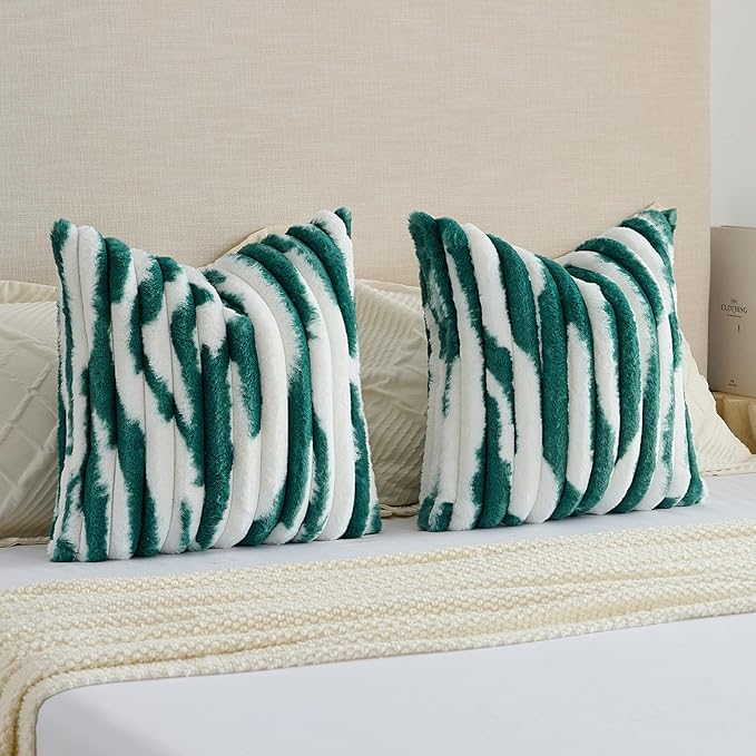 FUTEI Green Decorative Throw Pillow Covers 18x18 Inch Set of 2, Soft Tie-Dye Faux Rabbit Fur Striped Texture Cushion Case, Modern Home Decor for Couch Bed Living Room