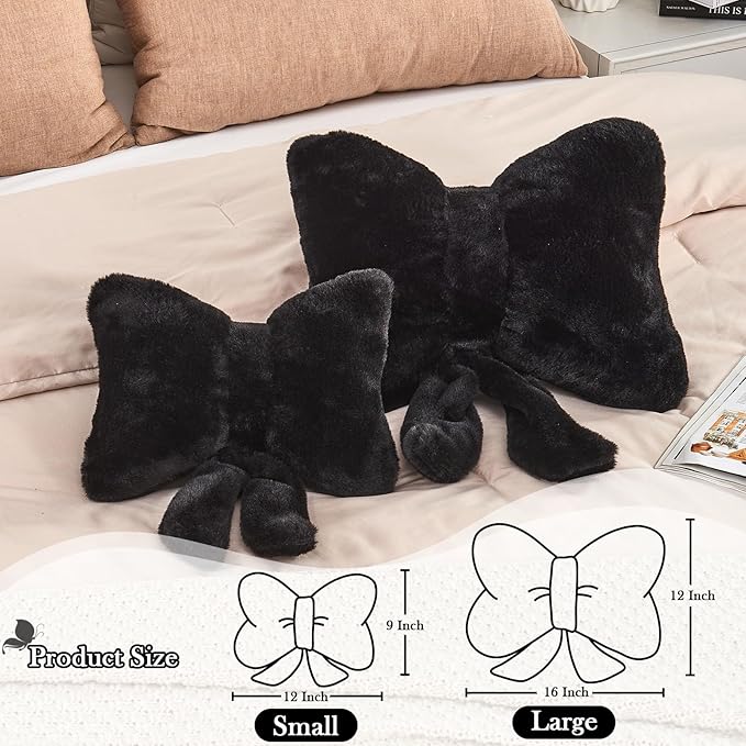 Black Bow Pillow, Soft Bow Decorative Pillows with Faux Rabbit Fur, Cute 16" Bow Throw Pillows, Aesthetic Home Decor Bow Shaped Plush Pillow for Bedroom Sofa Couch
